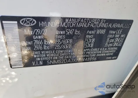 2022 Hyundai Santa Fe Sel z USA, uszkodzony, nr VIN 5NMS2DAJXNH448996